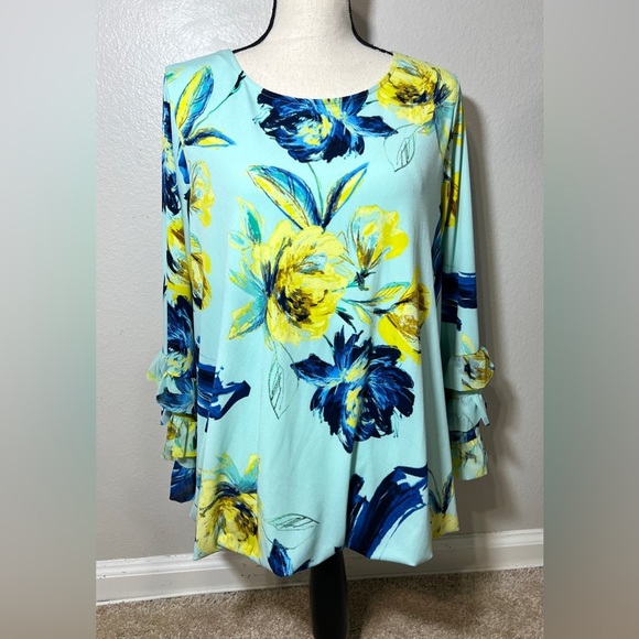 Alfani Woman Long Sleeve Blouse Size 1X Floral Printed Bell Ruffle Sleeve Shirt - Picture 8 of 8